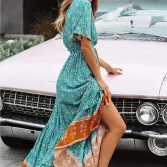 Dresses & Skirts - Floral Teal and Orange Maxi Dress boho maxi